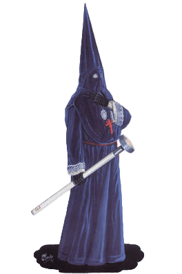 Hábito de Ilustre Cofradía Penitencial de Ntra. Sra. de las Angustias: Túnica de terciopelo azul turquí con bocamangas de encaje blanco, capirote del mismo color y tejido, con cruz roja sobre el pecho y cíngulo de color rojo.