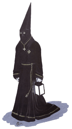 Hábito de Cofradía del Santo Entierro: Túnica de terciopelo negro con cola, adornada con galón y bocamangas, cíngulo y cruz bordada sobre el pecho en dorado, capirote de terciopelo negro, guante blanco y zapato negro.