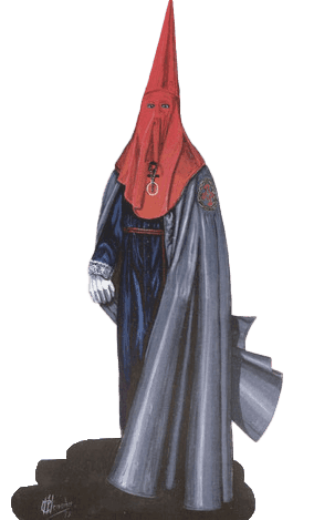 Hábito de Cofradía de la Exaltación de la Santa Cruz y Ntra. Sra. de los Dolores: Túnica azul marino con bocamangas, capa azul celeste, capirote y cíngulo rojos, guantes blancos y zapato negro.