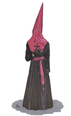 Hábito de Hermandad Universitaria del Santísimo Cristo de la Luz: Túnica negra con capirote y fajín color magenta, en la que se sitúa la Cruz de Jerusalén.