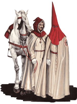 Hábito de Cofradía de las Siete Palabras: Túnica y capa blanco hueso, capirote y cíngulo rojo, calcetines y guantes blancos y zapato negro con hebilla.