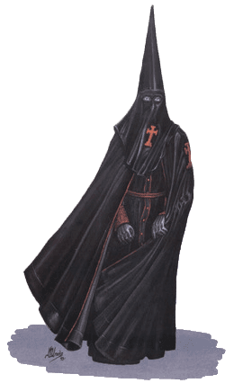 Hábito de Muy Ilustre Cofradía de Nuestra Señora de la Piedad: Túnica negra con bocamangas de encaje negro sobre fondo rojo, capa, capirote, guante, calcetín y zapato negro, con cíngulo rojo.