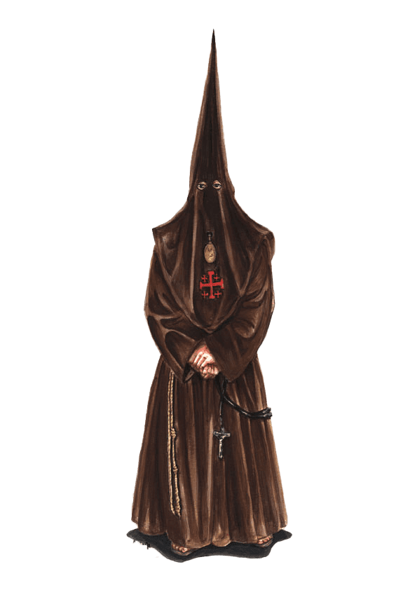 Hábito de Cofradía de la Orden Franciscana Seglar V.O.T.: Capirote color marrón, con el emblema de los santos lugares en el pecho. Medalla con los emblemas de la Orden Franciscana Seglar en el anverso y el de los Santos Lugares en el reverso con el cordón de color blanco, túnica de color marrón, cordón franciscano,  esclavina franciscana los niños y los adultos cuando no se use el capirote, color marrón, con el emblema de los Santos Lugares bordado en el pecho. Calcetines de color negro, zapatos negros o sandalias marrones, en éste caso sin calcetines.