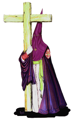 Hábito de Cofradía del Santo Sepulcro y Santísimo Cristo del Consuelo: Túnica blanca con bocamangas de encaje, capa morada con el escudo de la Cofradía bordado, capirote de raso morado, cíngulo amarillo, guante blanco y zapato negro.