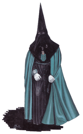 Hábito de Cofradía Penitencial de la Santa Vera-Cruz: Túnica negra con bocamangas de encaje, capa de paño verde, capirote y zapato negro y guante blanco (negro el Viernes y Sábado Santo). Cíngulo de color verde.